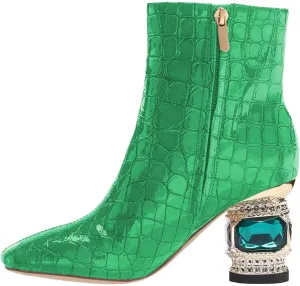 XYD Women Gorgeous Low Chunky Crystal Gem Heel Ankle Boots Closed Square Toe Short Bootie Side Zip Party Ballroom Dress Shoes