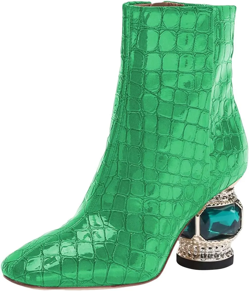 XYD Women Gorgeous Low Chunky Crystal Gem Heel Ankle Boots Closed Square Toe Short Bootie Side Zip Party Ballroom Dress Shoes