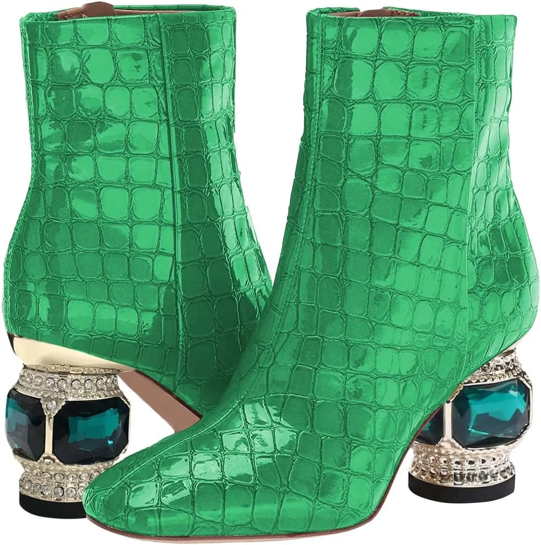 XYD Women Gorgeous Low Chunky Crystal Gem Heel Ankle Boots Closed Square Toe Short Bootie Side Zip Party Ballroom Dress Shoes