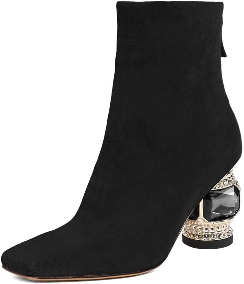 XYD Women Gorgeous Mid Low Chunky Crystal Gem Heel Ankle Boots Closed Square Toe Short Bootie Back Zipper Party Ballroom Dancing Dressy Shoes