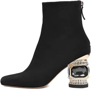 XYD Women Gorgeous Mid Low Chunky Crystal Gem Heel Ankle Boots Closed Square Toe Short Bootie Back Zipper Party Ballroom Dancing Dressy Shoes