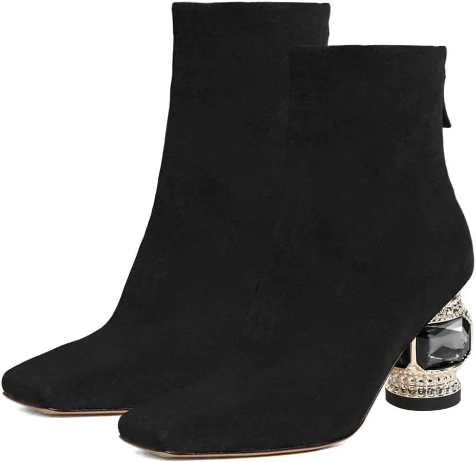 XYD Women Gorgeous Mid Low Chunky Crystal Gem Heel Ankle Boots Closed Square Toe Short Bootie Back Zipper Party Ballroom Dancing Dressy Shoes