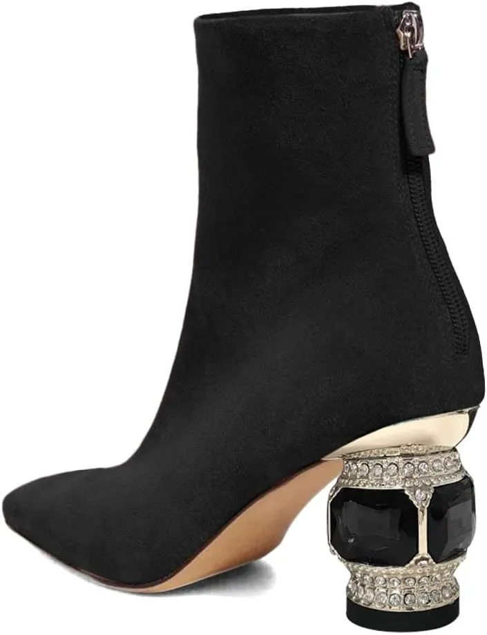 XYD Women Gorgeous Mid Low Chunky Crystal Gem Heel Ankle Boots Closed Square Toe Short Bootie Back Zipper Party Ballroom Dancing Dressy Shoes