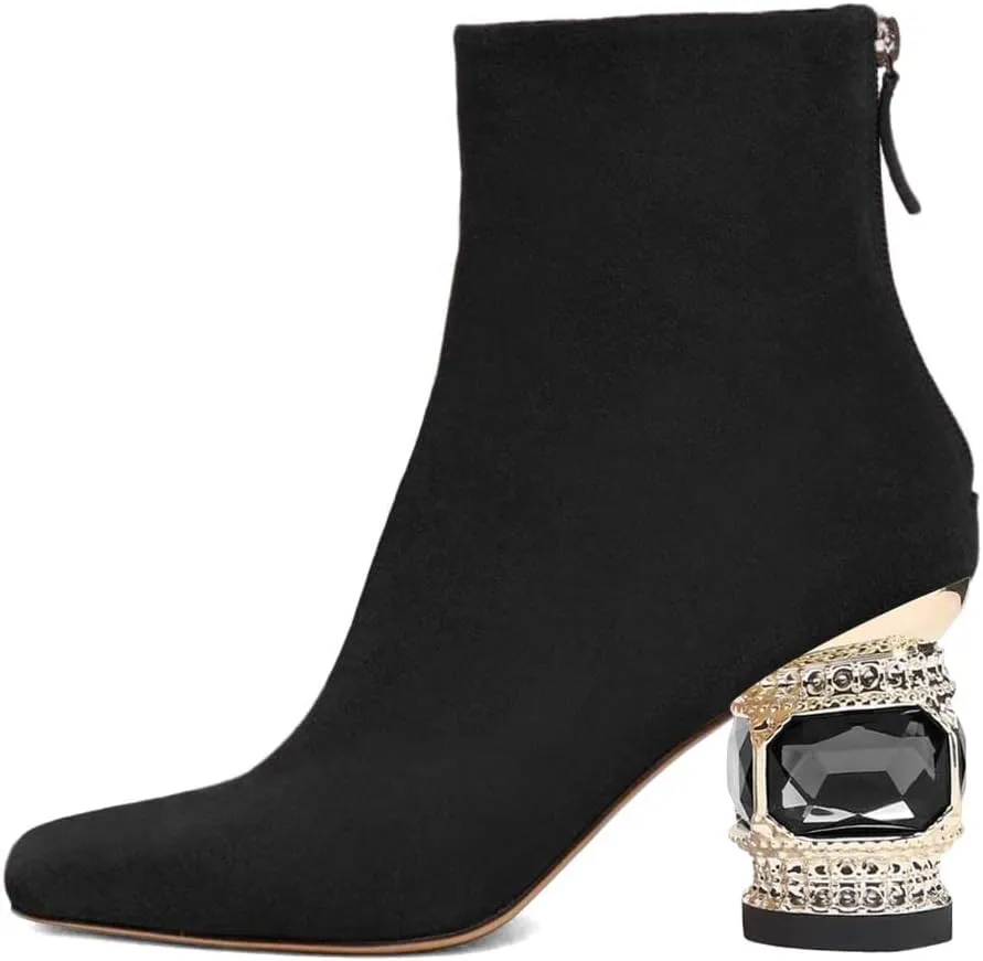 XYD Women Gorgeous Mid Low Chunky Crystal Gem Heel Ankle Boots Closed Square Toe Short Bootie Back Zipper Party Ballroom Dancing Dressy Shoes