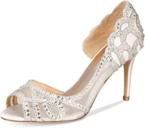 XYD Women Graceful Peep Toe Half D'Orsay Mesh Pumps Crystal Studded Slip On High Heels Wedding Bride Dress Shoes