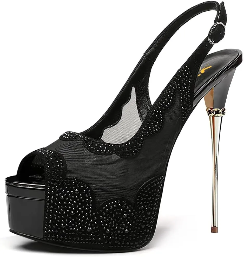 XYD Women Lace Platform Sandals Peep Toe Metallic High Heel Stiletto Slingback Mesh Crystal Pumps Event Evening Party Shoes