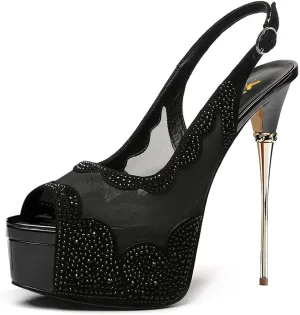 XYD Women Lace Platform Sandals Peep Toe Metallic High Heel Stiletto Slingback Mesh Crystal Pumps Event Evening Party Shoes