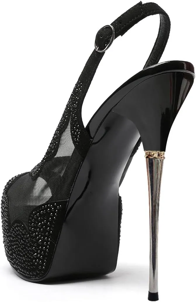 XYD Women Lace Platform Sandals Peep Toe Metallic High Heel Stiletto Slingback Mesh Crystal Pumps Event Evening Party Shoes
