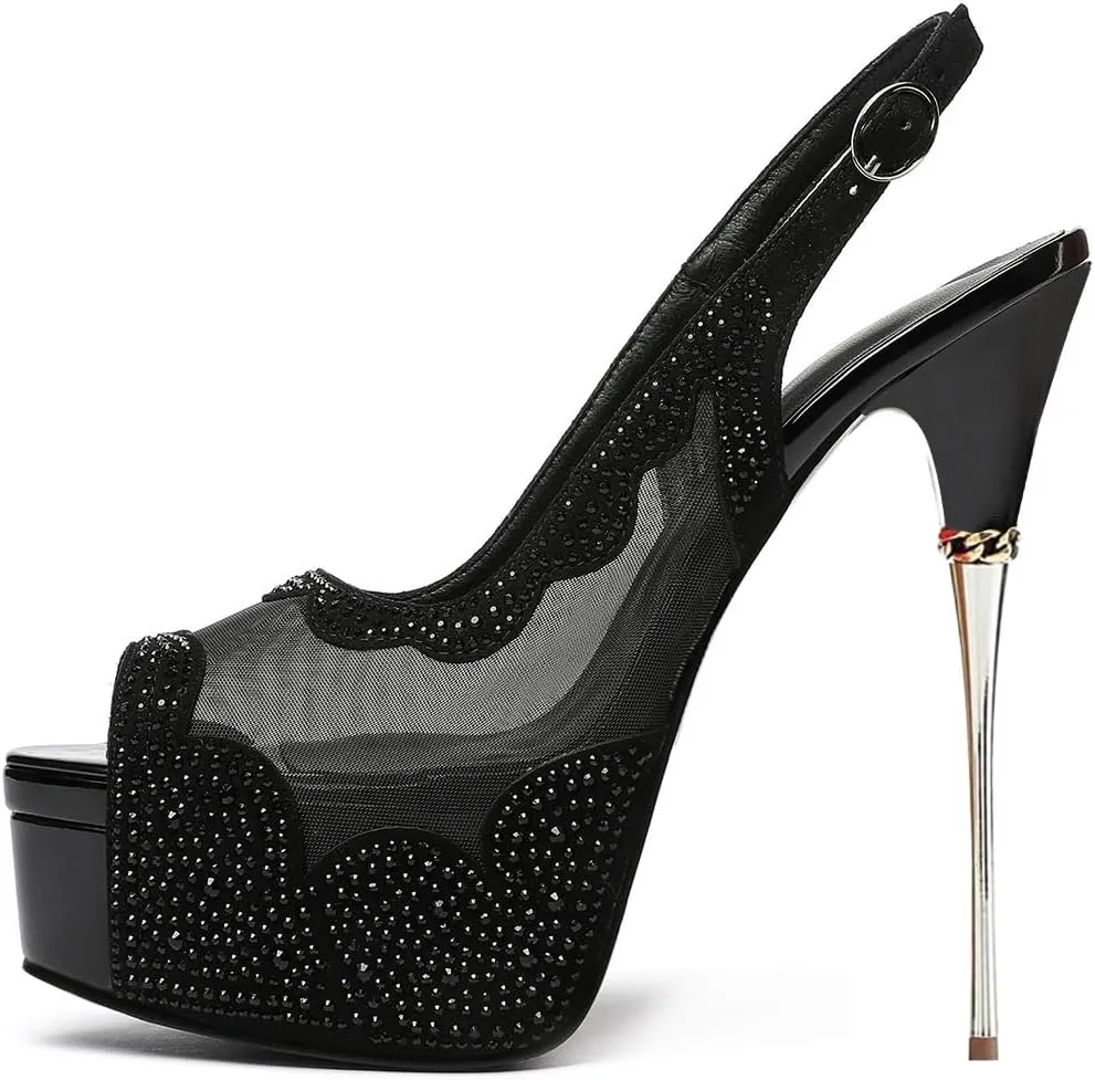 XYD Women Lace Platform Sandals Peep Toe Metallic High Heel Stiletto Slingback Mesh Crystal Pumps Event Evening Party Shoes
