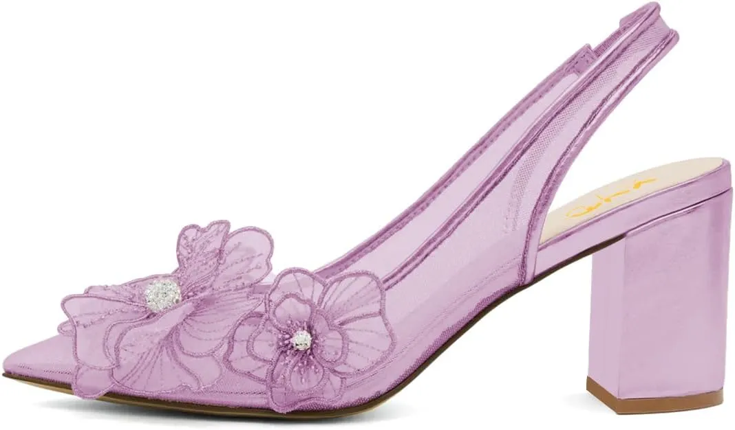 XYD Women Pointed Closed Toe Flowers Pumps Translucent Mesh Block High Heel Slingbacks Bridal Crystal Shoes