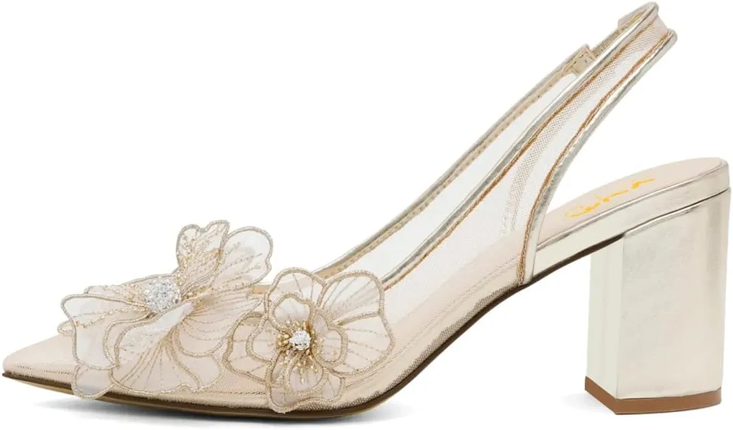 XYD Women Pointed Closed Toe Flowers Pumps Translucent Mesh Block High Heel Slingbacks Bridal Crystal Shoes