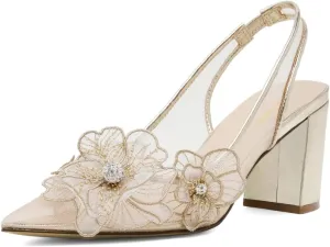 XYD Women Pointed Closed Toe Flowers Pumps Translucent Mesh Block High Heel Slingbacks Bridal Crystal Shoes