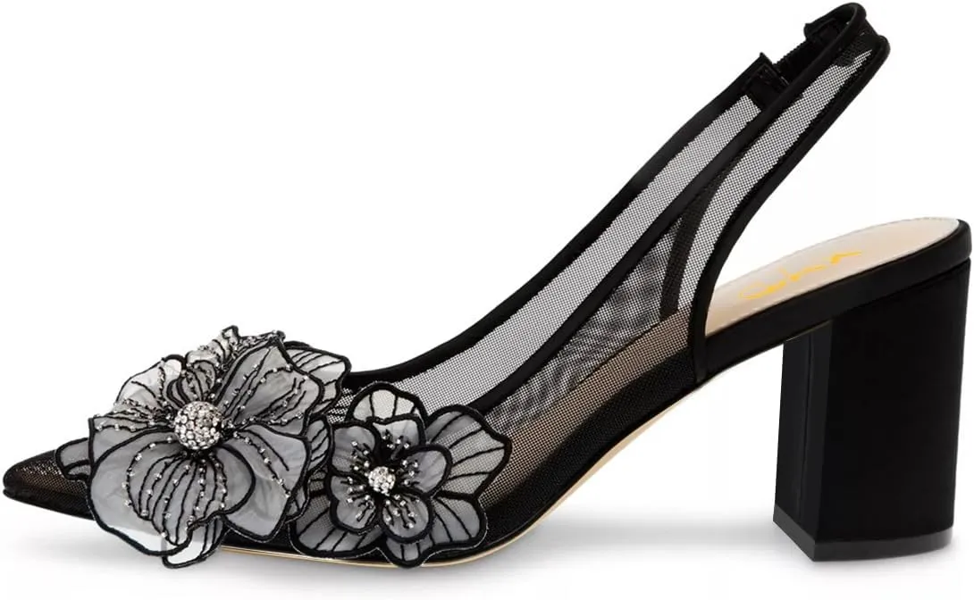 XYD Women Pointed Closed Toe Flowers Pumps Translucent Mesh Block High Heel Slingbacks Bridal Crystal Shoes
