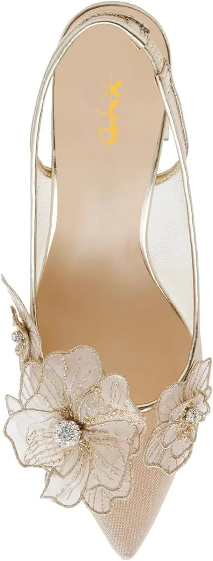 XYD Women Pointed Closed Toe Flowers Pumps Translucent Mesh Block High Heel Slingbacks Bridal Crystal Shoes