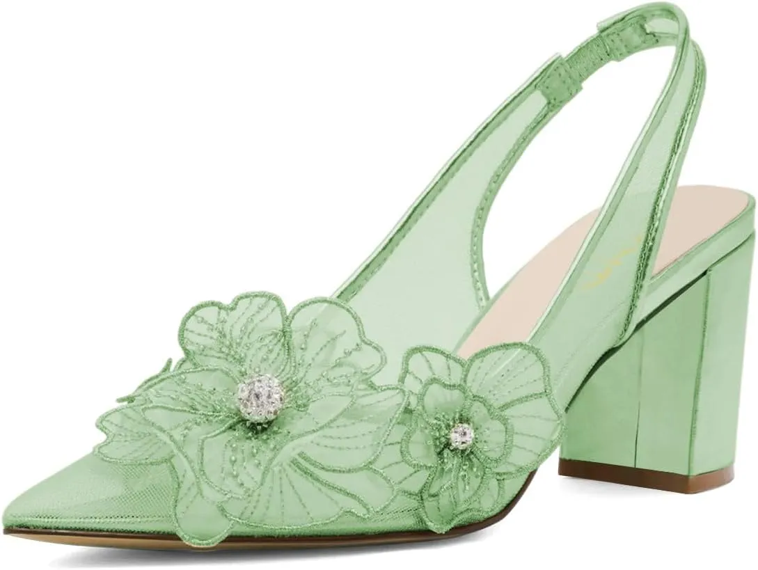 XYD Women Pointed Closed Toe Flowers Pumps Translucent Mesh Block High Heel Slingbacks Bridal Crystal Shoes