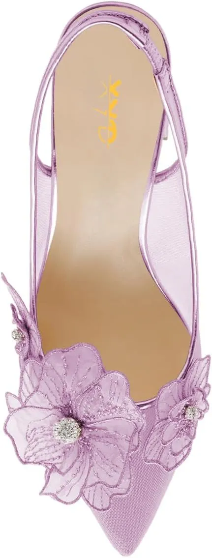XYD Women Pointed Closed Toe Flowers Pumps Translucent Mesh Block High Heel Slingbacks Bridal Crystal Shoes