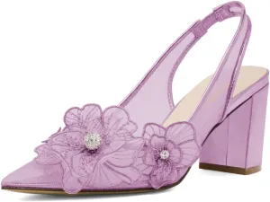 XYD Women Pointed Closed Toe Flowers Pumps Translucent Mesh Block High Heel Slingbacks Bridal Crystal Shoes