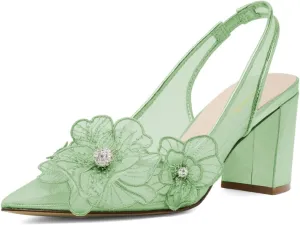 XYD Women Pointed Closed Toe Flowers Pumps Translucent Mesh Block High Heel Slingbacks Bridal Crystal Shoes