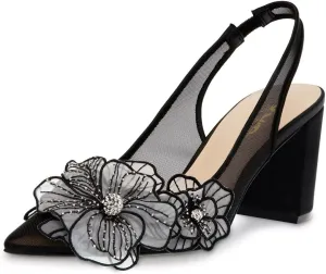 XYD Women Pointed Closed Toe Flowers Pumps Translucent Mesh Block High Heel Slingbacks Bridal Crystal Shoes
