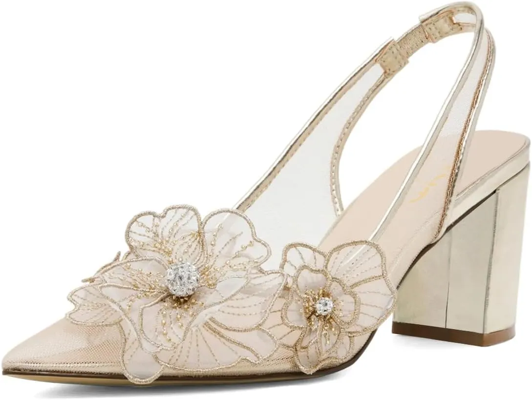 XYD Women Pointed Closed Toe Flowers Pumps Translucent Mesh Block High Heel Slingbacks Bridal Crystal Shoes
