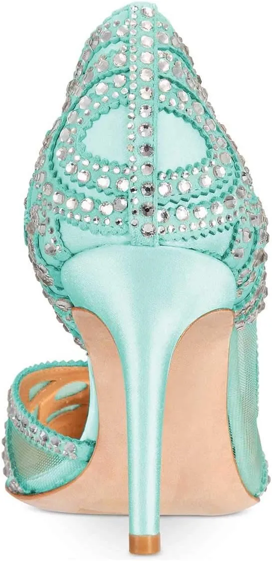 XYD Women Pointy Toe Crystal Studded Bridal Pumps High Heel Slip On D'Orsay Mesh Rhinestone Wedding Dress Shoes