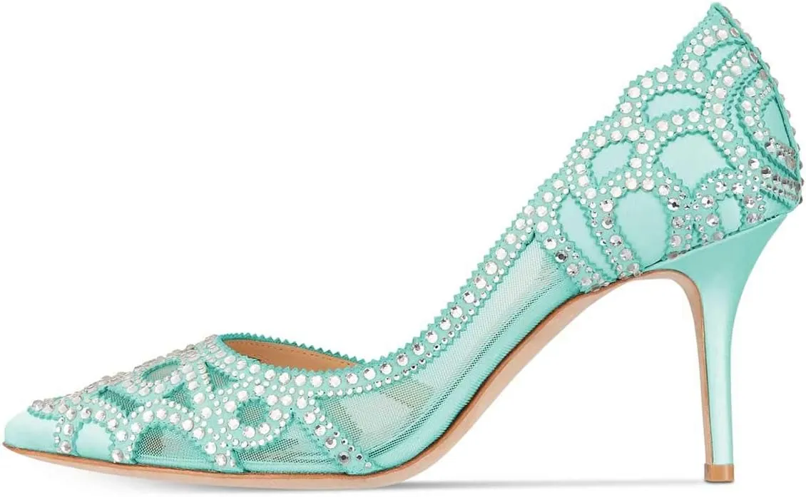 XYD Women Pointy Toe Crystal Studded Bridal Pumps High Heel Slip On D'Orsay Mesh Rhinestone Wedding Dress Shoes