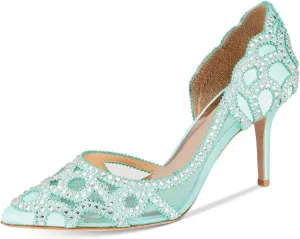 XYD Women Pointy Toe Crystal Studded Bridal Pumps High Heel Slip On D'Orsay Mesh Rhinestone Wedding Dress Shoes