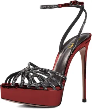XYD Women Sexy Stilettos Platform Sandals Pointed Caged Peep Toe Crystal Straps High Heel Pumps Party Fashion Shoes