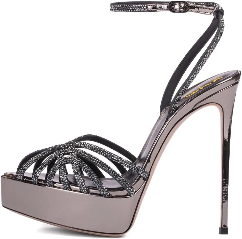 XYD Women Sexy Stilettos Platform Sandals Pointed Caged Peep Toe Crystal Straps High Heel Pumps Party Fashion Shoes