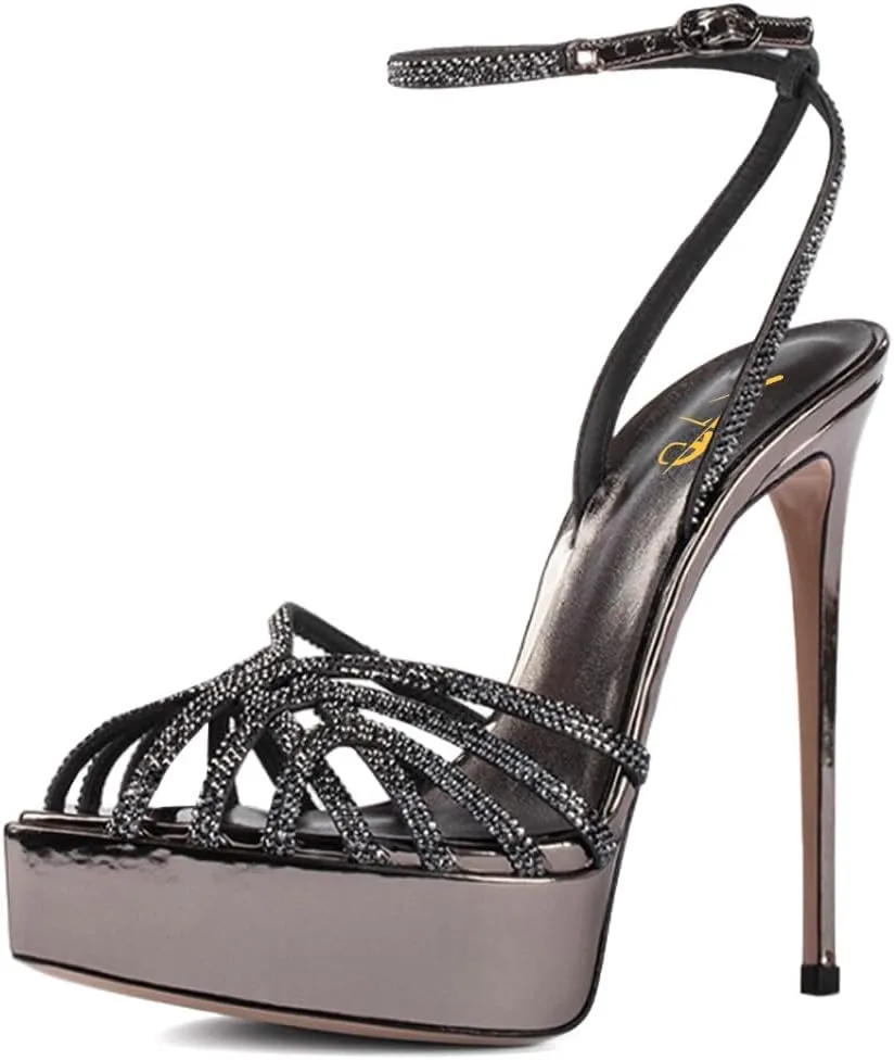 XYD Women Sexy Stilettos Platform Sandals Pointed Caged Peep Toe Crystal Straps High Heel Pumps Party Fashion Shoes