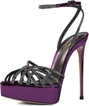 XYD Women Sexy Stilettos Platform Sandals Pointed Caged Peep Toe Crystal Straps High Heel Pumps Party Fashion Shoes