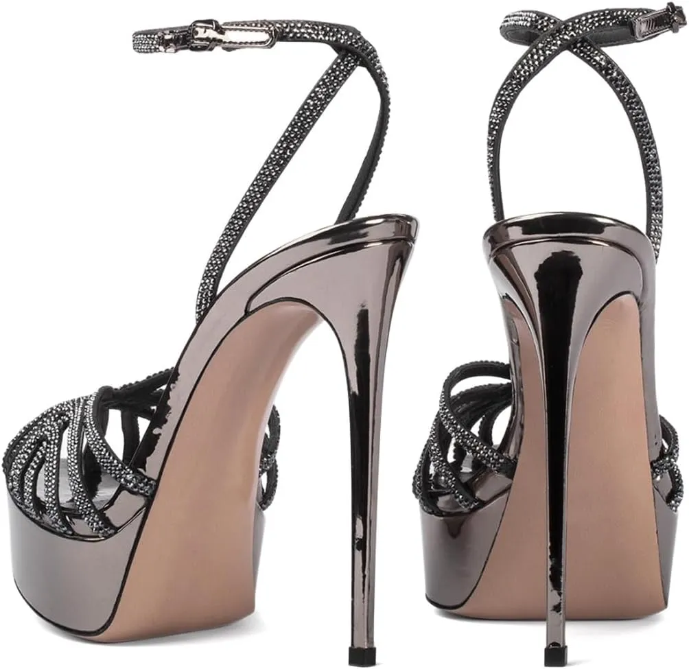 XYD Women Sexy Stilettos Platform Sandals Pointed Caged Peep Toe Crystal Straps High Heel Pumps Party Fashion Shoes