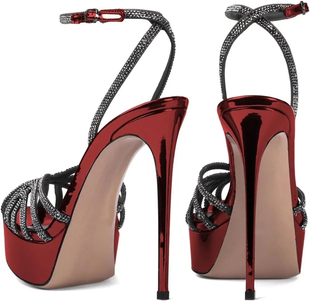 XYD Women Sexy Stilettos Platform Sandals Pointed Caged Peep Toe Crystal Straps High Heel Pumps Party Fashion Shoes