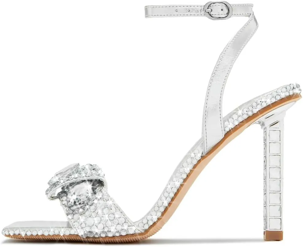 XYD Women Square Open Toe Buckle Ankle Strap Sparkling High Heel Sandals Bejeweled Rhinestone Bridal Evening Party Summer Fancy Pumps Shoes