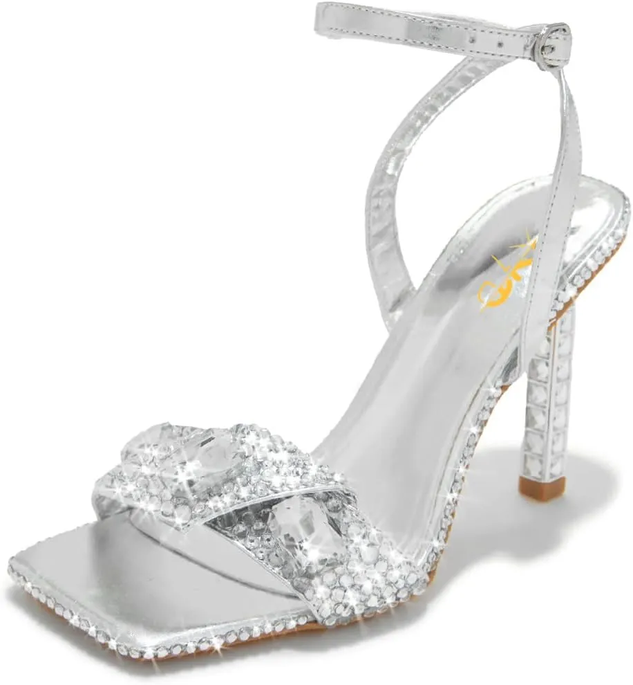 XYD Women Square Open Toe Buckle Ankle Strap Sparkling High Heel Sandals Bejeweled Rhinestone Bridal Evening Party Summer Fancy Pumps Shoes