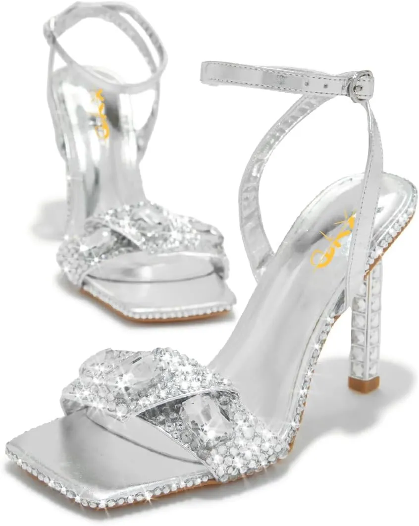 XYD Women Square Open Toe Buckle Ankle Strap Sparkling High Heel Sandals Bejeweled Rhinestone Bridal Evening Party Summer Fancy Pumps Shoes