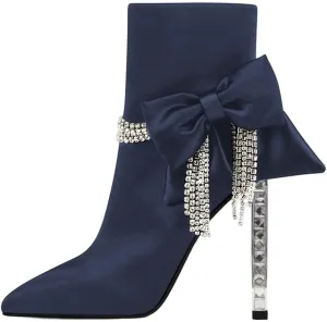 XYD Women Trendy Rhinestones Tassels Ankle Boots Bow High Crystal Heel Closed Pointed Toe Side Zipper Short Bootie Winter Elegant Dress Shoes