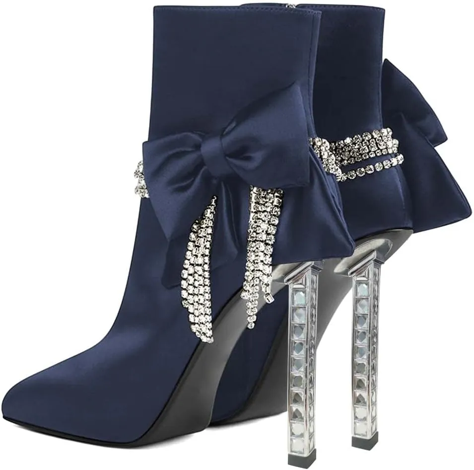 XYD Women Trendy Rhinestones Tassels Ankle Boots Bow High Crystal Heel Closed Pointed Toe Side Zipper Short Bootie Winter Elegant Dress Shoes