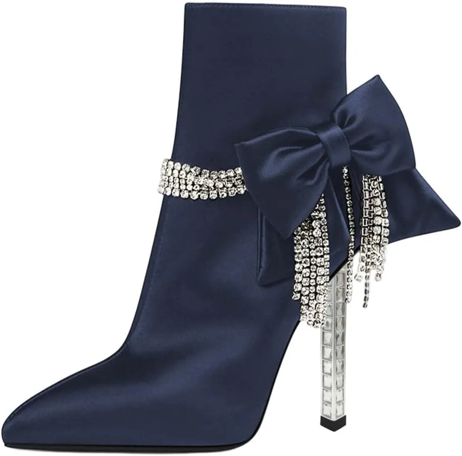 XYD Women Trendy Rhinestones Tassels Ankle Boots Bow High Crystal Heel Closed Pointed Toe Side Zipper Short Bootie Winter Elegant Dress Shoes