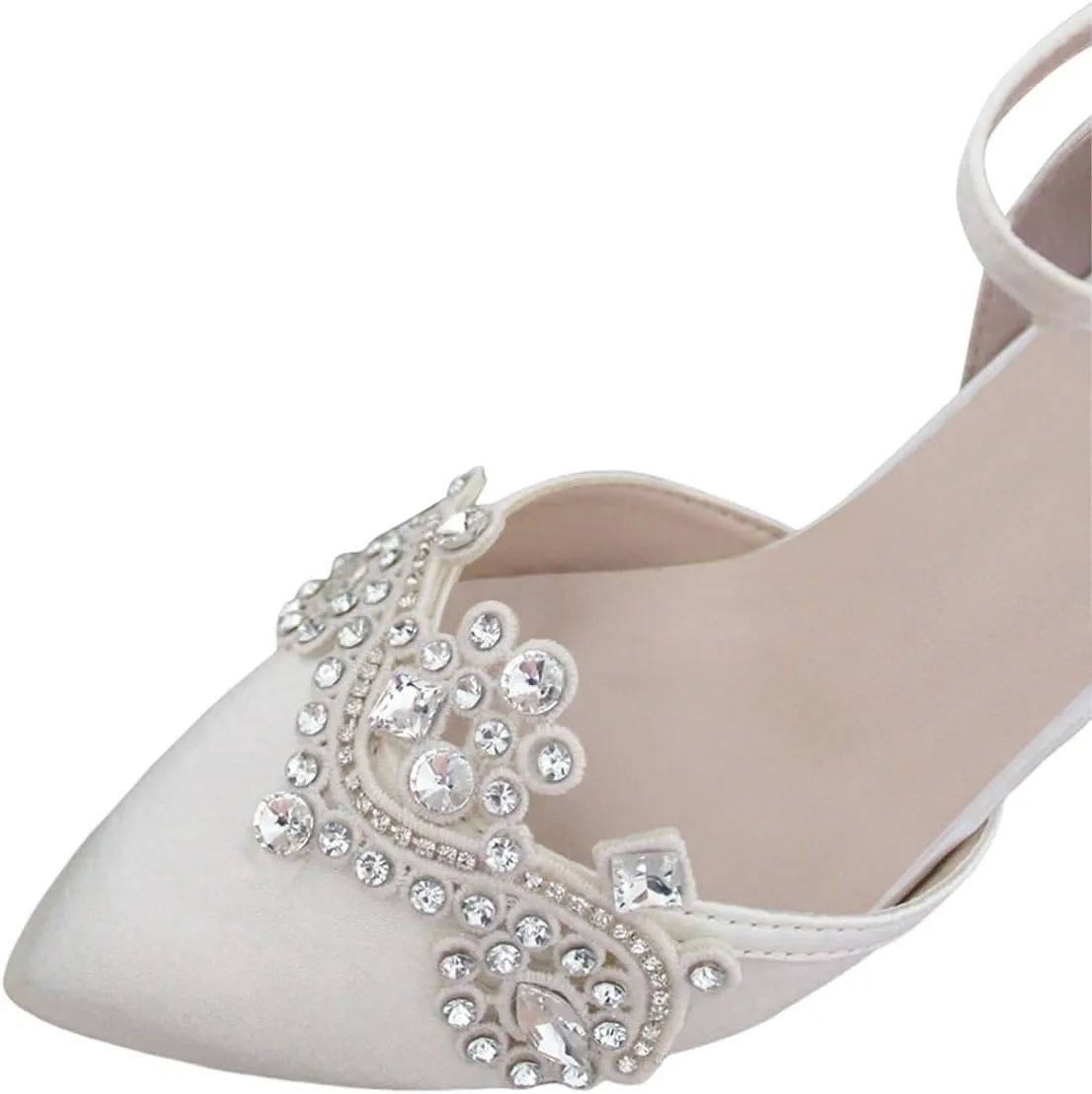 XYD Womens Closed Pointed Toe Bridal D'Orsay Pumps Crystal Block Low Heels Classy Ankle Strap Wedding Dress Shoes