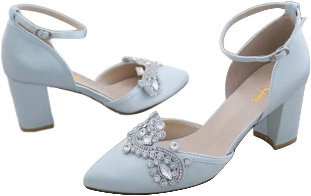 XYD Womens Closed Pointed Toe Bridal D'Orsay Pumps Crystal Block Low Heels Classy Ankle Strap Wedding Dress Shoes