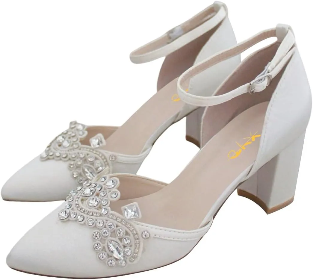 XYD Womens Closed Pointed Toe Bridal D'Orsay Pumps Crystal Block Low Heels Classy Ankle Strap Wedding Dress Shoes