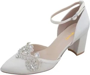 XYD Womens Closed Pointed Toe Bridal D'Orsay Pumps Crystal Block Low Heels Classy Ankle Strap Wedding Dress Shoes