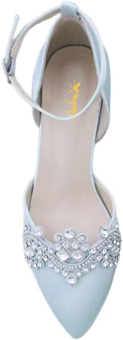 XYD Womens Closed Pointed Toe Bridal D'Orsay Pumps Crystal Block Low Heels Classy Ankle Strap Wedding Dress Shoes