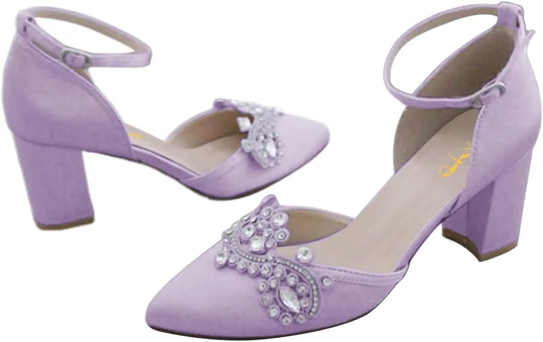 XYD Womens Closed Pointed Toe Bridal D'Orsay Pumps Crystal Block Low Heels Classy Ankle Strap Wedding Dress Shoes