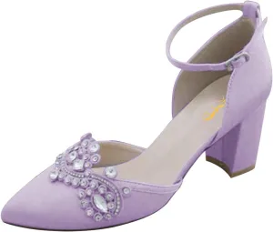 XYD Womens Closed Pointed Toe Bridal D'Orsay Pumps Crystal Block Low Heels Classy Ankle Strap Wedding Dress Shoes