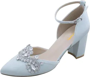 XYD Womens Closed Pointed Toe Bridal D'Orsay Pumps Crystal Block Low Heels Classy Ankle Strap Wedding Dress Shoes