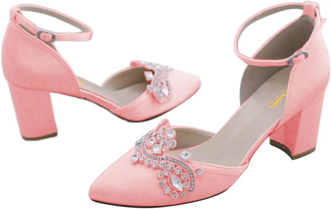 XYD Womens Closed Pointed Toe Bridal D'Orsay Pumps Crystal Block Low Heels Classy Ankle Strap Wedding Dress Shoes