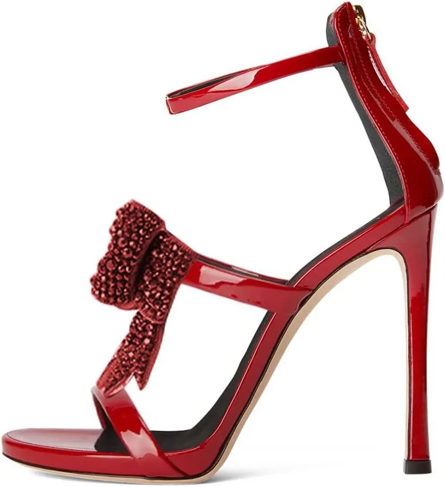 XYD Women's Glamorous Sandals Crystal Bowtie Multi Straps Open Toe Slim High Heels Party Event Shoes with Rear Zip