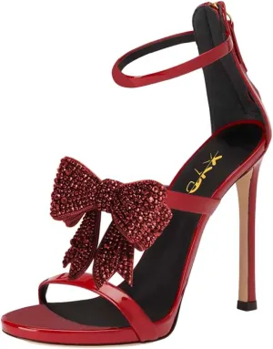 XYD Women's Glamorous Sandals Crystal Bowtie Multi Straps Open Toe Slim High Heels Party Event Shoes with Rear Zip